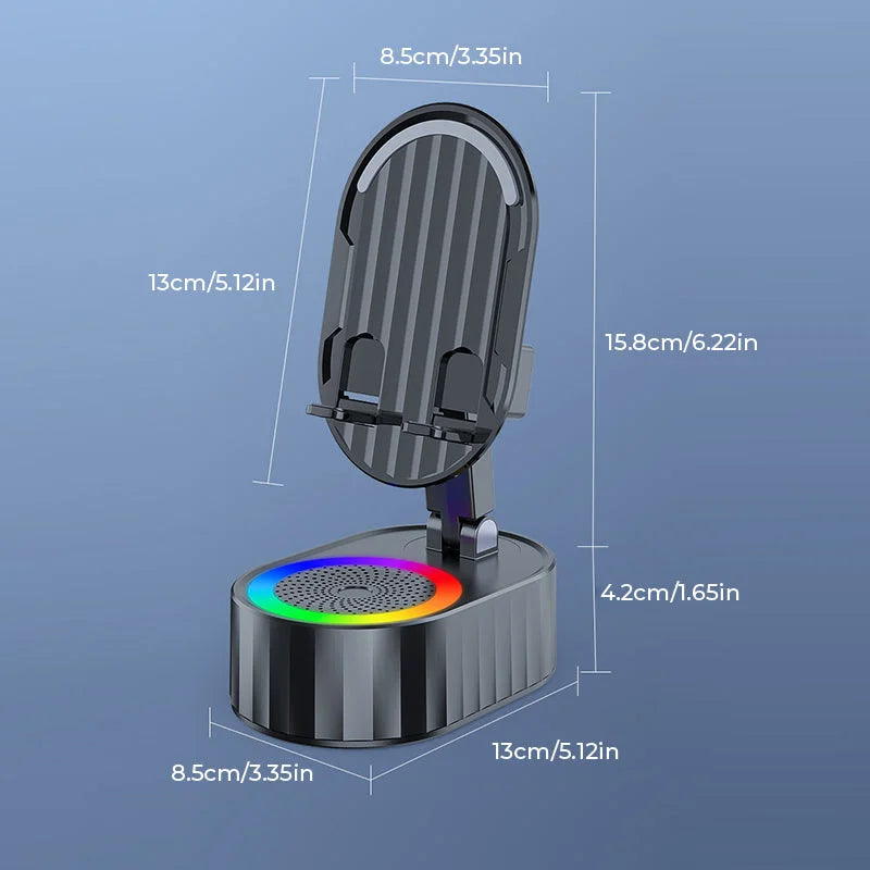 Wireless Audio Bluetooth Speaker 5in1 Phone Holder& Emergency Rechargeable with Colorful Ambient Light 300° Foldable for Tablet iPhone Android, Gifts for Men Women ,Black rotation speaker stand 3 in 1 wire les sound