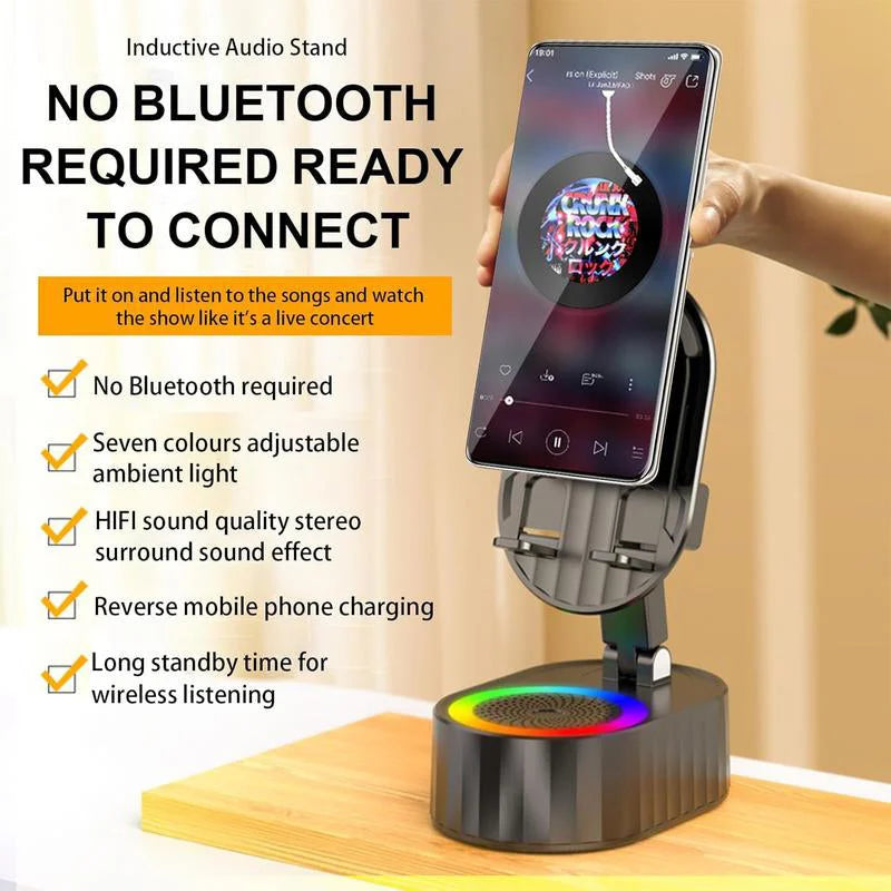 Wireless Audio Bluetooth Speaker 5in1 Phone Holder& Emergency Rechargeable with Colorful Ambient Light 300° Foldable for Tablet iPhone Android, Gifts for Men Women ,Black rotation speaker stand 3 in 1 wire les sound