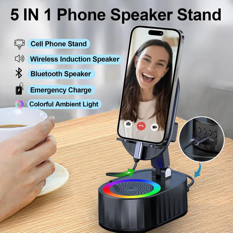 Wireless Audio Bluetooth Speaker 5in1 Phone Holder& Emergency Rechargeable with Colorful Ambient Light 300° Foldable for Tablet iPhone Android, Gifts for Men Women ,Black rotation speaker stand 3 in 1 wire les sound