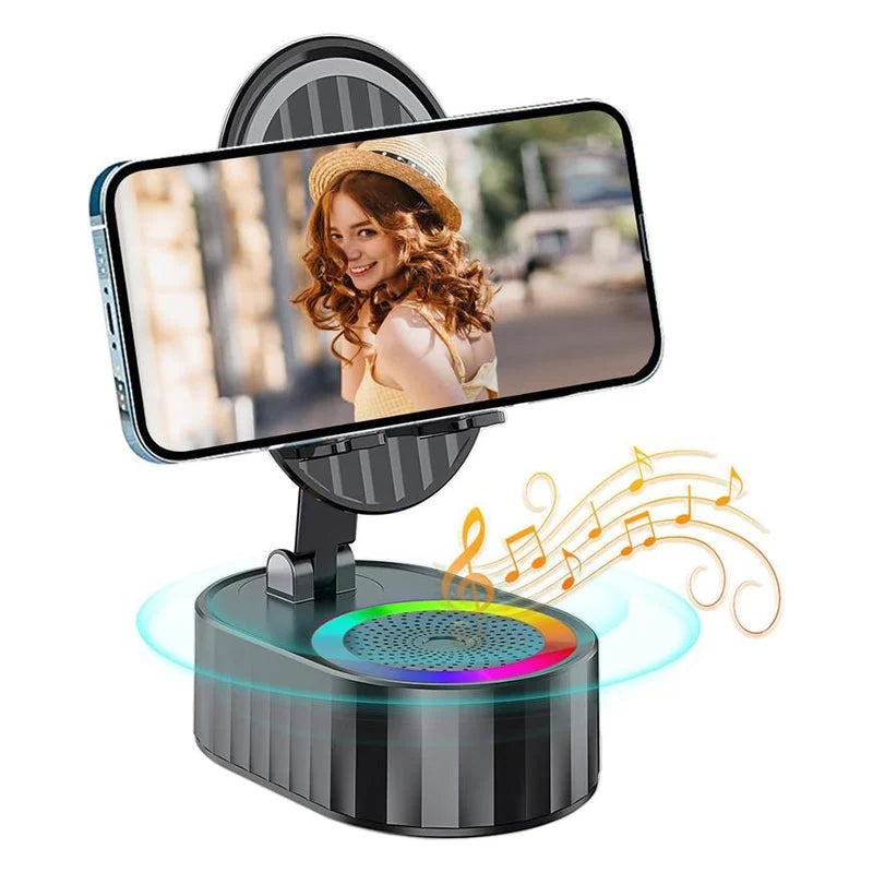 Wireless Audio Bluetooth Speaker 5in1 Phone Holder& Emergency Rechargeable with Colorful Ambient Light 300° Foldable for Tablet iPhone Android, Gifts for Men Women ,Black rotation speaker stand 3 in 1 wire les sound