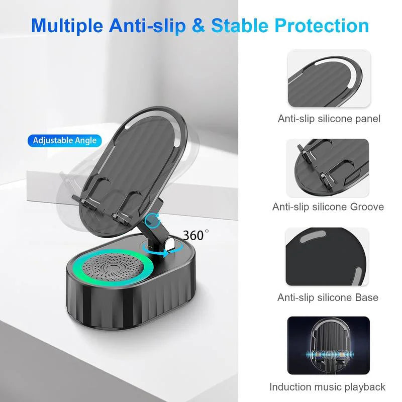 Wireless Audio Bluetooth Speaker 5in1 Phone Holder& Emergency Rechargeable with Colorful Ambient Light 300° Foldable for Tablet iPhone Android, Gifts for Men Women ,Black rotation speaker stand 3 in 1 wire les sound