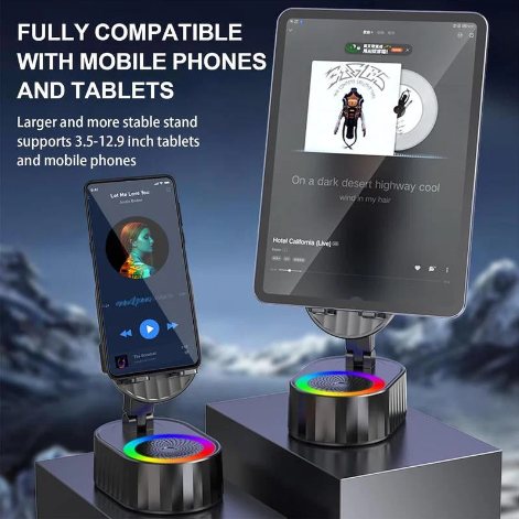 Wireless Audio Bluetooth Speaker 5in1 Phone Holder& Emergency Rechargeable with Colorful Ambient Light 300° Foldable for Tablet iPhone Android, Gifts for Men Women ,Black rotation speaker stand 3 in 1 wire les sound
