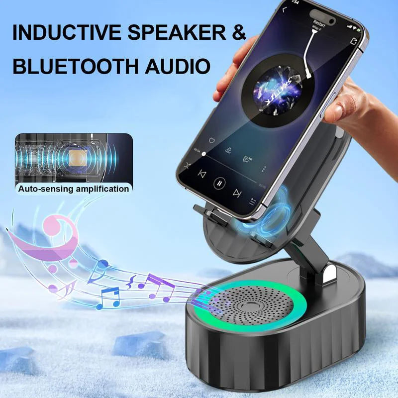 Wireless Audio Bluetooth Speaker 5in1 Phone Holder& Emergency Rechargeable with Colorful Ambient Light 300° Foldable for Tablet iPhone Android, Gifts for Men Women ，Black rotation speaker stand 3 in 1 wire les sound