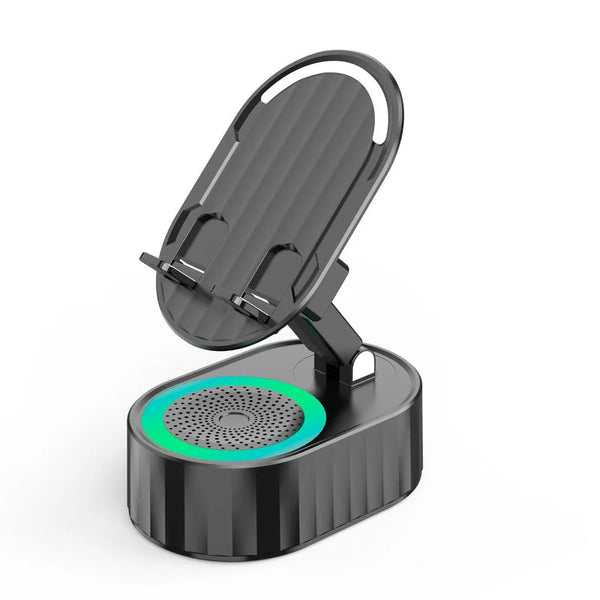 Wireless Audio Bluetooth Speaker 5in1 Phone Holder& Emergency Rechargeable with Colorful Ambient Light 300° Foldable for Tablet iPhone Android, Gifts for Men Women ，Black rotation speaker stand 3 in 1 wire les sound